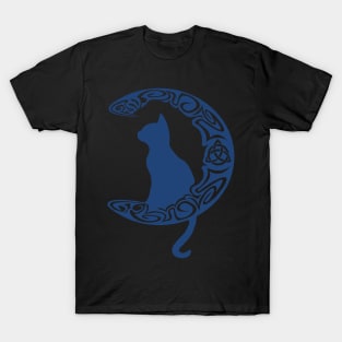 Blue Carved Celtic Moon Cat Triquetra T-Shirt